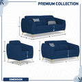Adorn India Premium Luster Plus 3-2-1 Sofa Set | Velvet Suede Fabric | 3-Year Warranty | Color Blue with Golden Legs & Striped Pattern Cushion