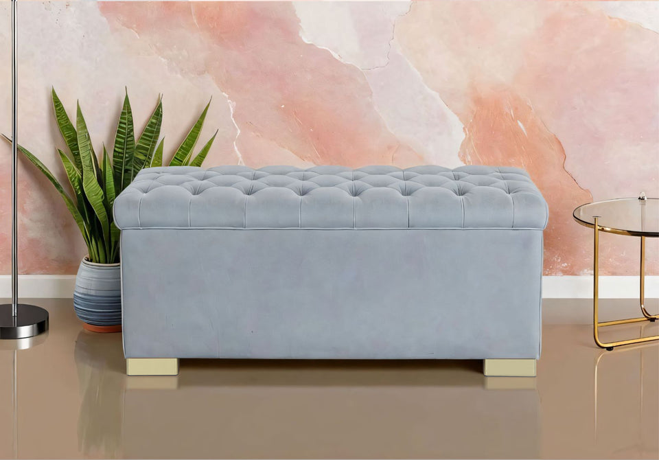 Falcon Tufted 2 Seater Storage Ottoman Pouffe with Velvet Suede Fabric (Grey)