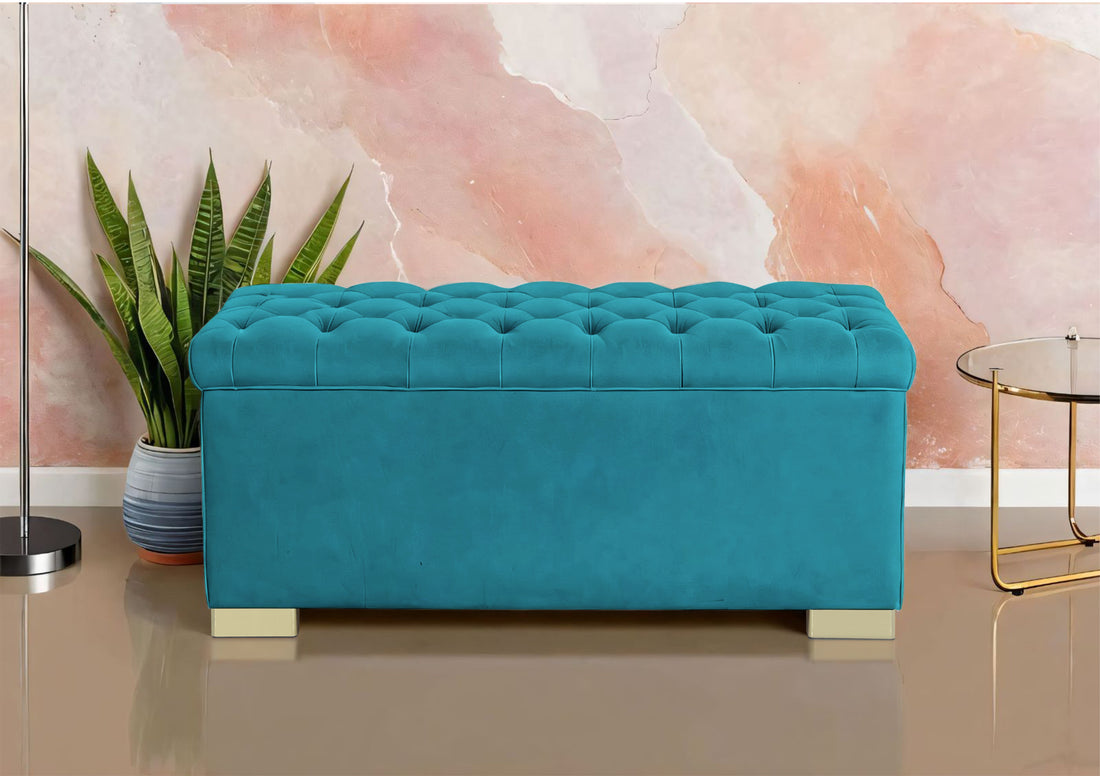 Adorn India Falcon Tufted 2 Seater Storage Ottoman Pouffe with Velvet Suede Fabric (Aqua Blue)