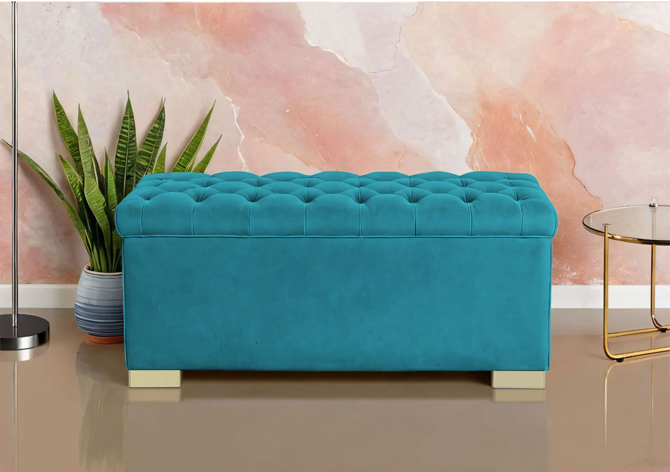 Falcon Tufted 2 Seater Storage Ottoman Pouffe with Velvet Suede Fabric (Aqua Blue)