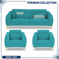 Adorn India Premium Luster Plus 3-1-1 Sofa Set | Velvet Suede Fabric | 3-Year Warranty | Color Aqua Blue with Golden Legs & Striped Pattern Cushion