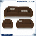 Adorn India Premium Luster Plus 3-2-1 Sofa Set | Velvet Suede Fabric | 3-Year Warranty | Color Brown with Golden Legs & Striped Pattern Cushion