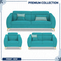Adorn India Premium Luster Plus 3-2-1 Sofa Set | Velvet Suede Fabric | 3-Year Warranty | Color Aqua Blue with Golden Legs & Striped Pattern Cushion
