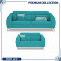Adorn India Premium Luster Plus 3-2 Sofa Set | Velvet Suede Fabric | 3-Year Warranty | Color Aqua Blue with Golden Legs & Striped Pattern Cushion