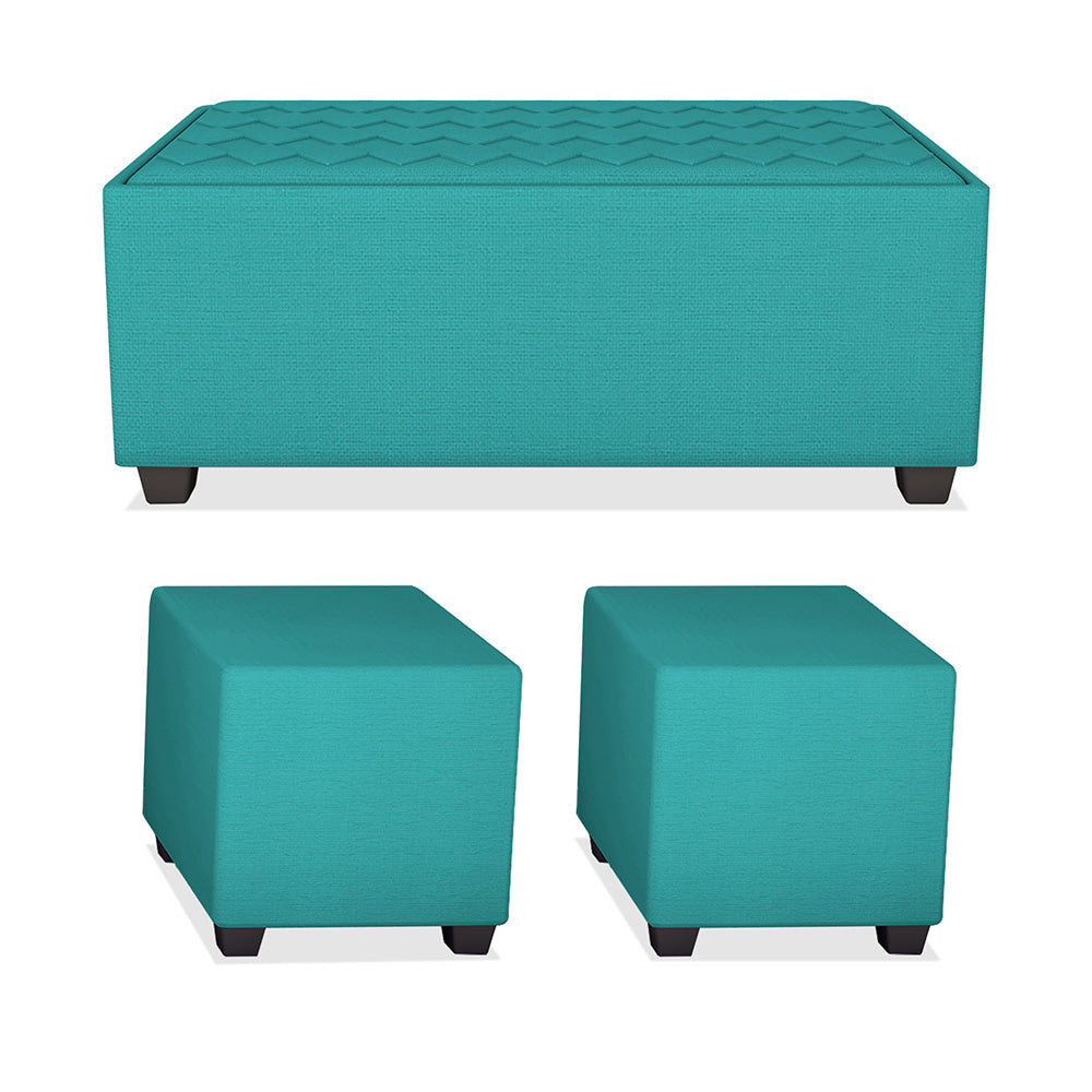 Adorn India Darcy L Shape 8 Seater Sofa Set with Center Table and 2 Ottoman Puffy (LHS) (Aqua Blue)