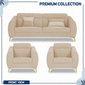 Adorn India Premium Luster Plus 3-1-1 Sofa Set | Velvet Suede Fabric | 3-Year Warranty | Color Beige with Golden Legs & Striped Pattern Cushion
