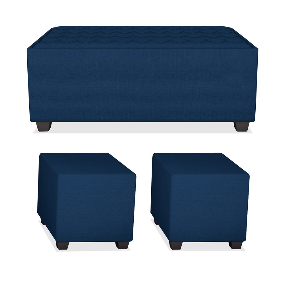 Adorn India Darcy L Shape 8 Seater Sofa Set with Center Table and 2 Ottoman Puffy (LHS) (Blue)