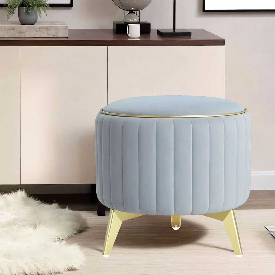 Olivia Round 1 Seater Ottoman Pouffe Striped Pattern with Velvet Suede Fabric (Grey)