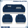 Adorn India Premium Luster Plus 3-1-1 Sofa Set | Velvet Suede Fabric | 3-Year Warranty | Color Blue with Golden Legs & Striped Pattern Cushion