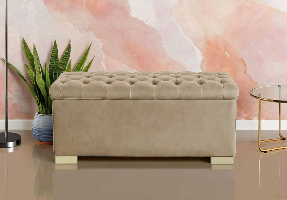 Falcon Tufted 2 Seater Storage Ottoman Pouffe with Velvet Suede Fabric (Beige)