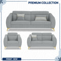 Adorn India Premium Luster Plus 3-2-1 Sofa Set | Velvet Suede Fabric | 3-Year Warranty | Color Grey with Golden Legs & Striped Pattern Cushion