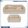 Adorn India Premium Luster Plus 3-2 Sofa Set | Velvet Suede Fabric | 3-Year Warranty | Color Beige with Golden Legs & Striped Pattern Cushion