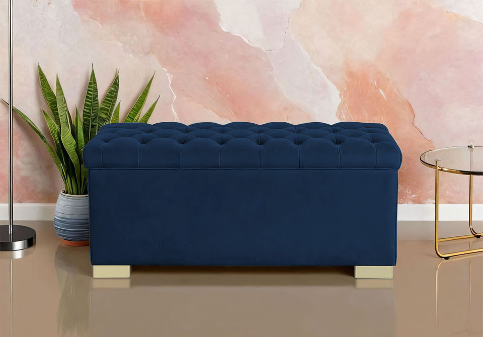 Falcon Tufted 2 Seater Storage Ottoman Pouffe with Velvet Suede Fabric (Blue)