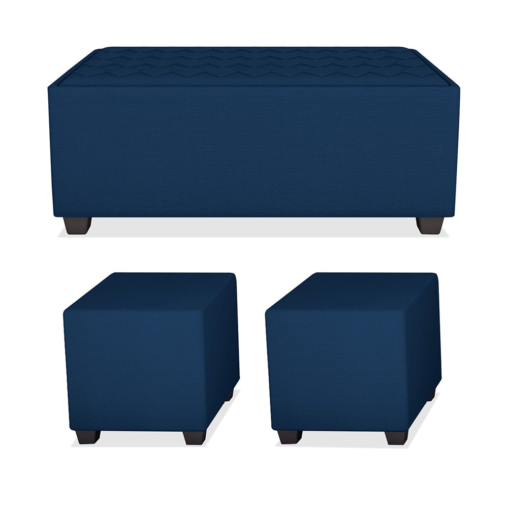 Adorn India Darcy L Shape 8 Seater Sofa Set with Center Table and 2 Ottoman Puffy (RHS) (Blue) (3 Year Warranty)