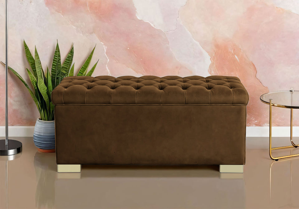 Falcon Tufted 2 Seater Storage Ottoman Pouffe with Velvet Suede Fabric (Brown)