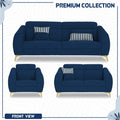 Adorn India Premium Luster Plus 3-2-1 Sofa Set | Velvet Suede Fabric | 3-Year Warranty | Color Blue with Golden Legs & Striped Pattern Cushion