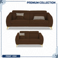 Adorn India Premium Luster Plus 3-2 Sofa Set | Velvet Suede Fabric | 3-Year Warranty | Color Brown with Golden Legs & Striped Pattern Cushion