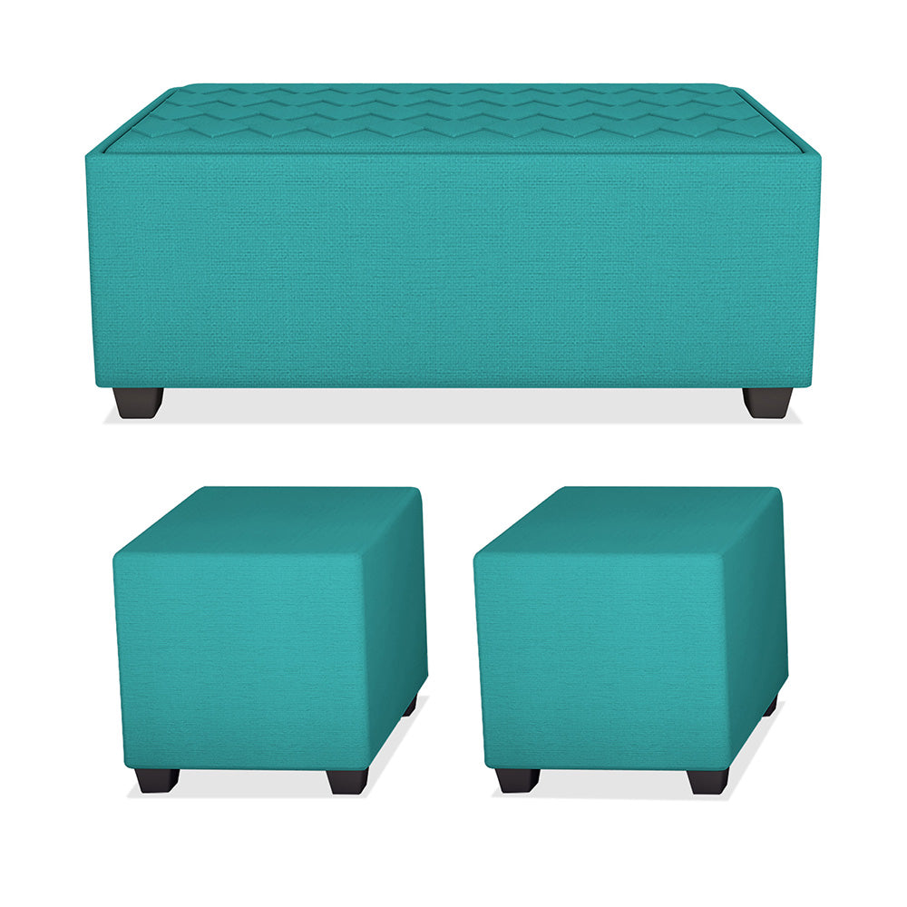 Adorn India Darcy L Shape 8 Seater Sofa Set with Center Table and 2 Ottoman Puffy (RHS) (Aqua Blue)