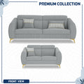 Adorn India Premium Luster Plus 3-2 Sofa Set | Velvet Suede Fabric | 3-Year Warranty | Color Grey with Golden Legs & Striped Pattern Cushion