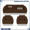 Adorn India Premium Luster Plus 3-1-1 Sofa Set | Velvet Suede Fabric | 3-Year Warranty | Color Brown with Golden Legs & Striped Pattern Cushion