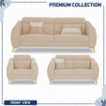 Adorn India Premium Luster Plus 3-2-1 Sofa Set | Velvet Suede Fabric | 3-Year Warranty | Color Beige with Golden Legs & Striped Pattern Cushion