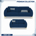 Adorn India Premium Luster Plus 3-2 Sofa Set | Velvet Suede Fabric | 3-Year Warranty | Color Blue with Golden Legs & Striped Pattern Cushion