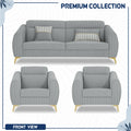 Adorn India Premium Luster Plus 3-1-1 Sofa Set | Velvet Suede Fabric | 3-Year Warranty | Color Grey with Golden Legs & Striped Pattern Cushion