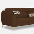 Adorn India Premium Luster Plus 3 Seater Sofa | Velvet Suede Fabric | 3-Year Warranty | Color Brown with Golden Legs & Striped Pattern Cushion
