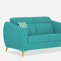 Adorn India Premium Luster Plus 2 Seater Sofa | Velvet Suede Fabric | 3-Year Warranty | Color Aqua Blue with Golden Legs & Striped Pattern Cushion
