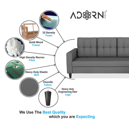 Adorn India Darcy L Shape 8 Seater Sofa Set with Center Table and 2 Ottoman Puffy (Lhs) (Grey) (3 Year Warranty)