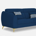 Adorn India Premium Luster Plus 3 Seater Sofa | Velvet Suede Fabric | 3-Year Warranty | Color Blue with Golden Legs & Striped Pattern Cushion