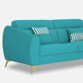 Adorn India Premium Luster Plus 3 Seater Sofa | Velvet Suede Fabric | 3-Year Warranty | Color Aqua Blue with Golden Legs & Striped Pattern Cushion