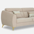 Adorn India Premium Luster Plus 3 Seater Sofa | Velvet Suede Fabric | 3-Year Warranty | Color Beige with Golden Legs & Striped Pattern Cushion