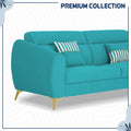 Adorn India Premium Luster Plus 3-2-1 Sofa Set | Velvet Suede Fabric | 3-Year Warranty | Color Aqua Blue with Golden Legs & Striped Pattern Cushion
