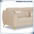 Adorn India Premium Luster Plus 3-1-1 Sofa Set | Velvet Suede Fabric | 3-Year Warranty | Color Beige with Golden Legs & Striped Pattern Cushion