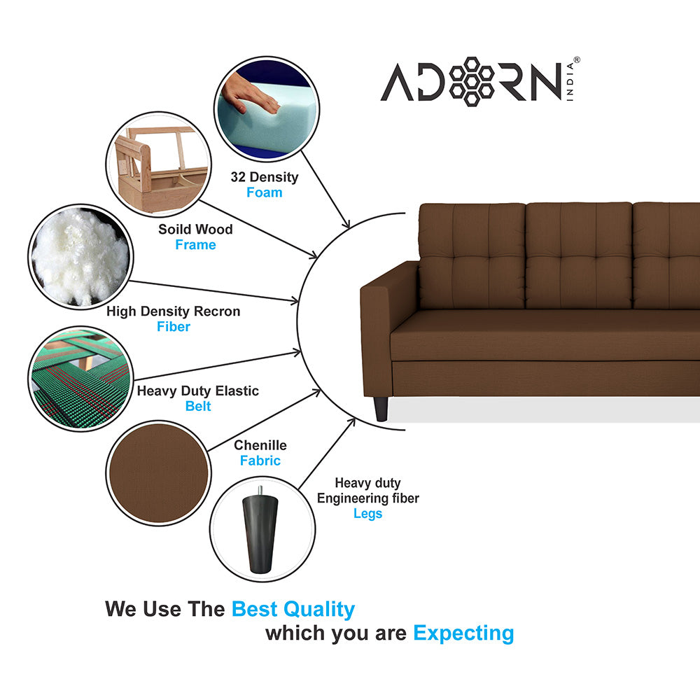 Adorn India Darcy L Shape 8 Seater Sofa Set with Center Table and 2 Ottoman Puffy (RHS) (Brown) (3 Year Warranty)