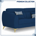 Adorn India Premium Luster Plus 3-2 Sofa Set | Velvet Suede Fabric | 3-Year Warranty | Color Blue with Golden Legs & Striped Pattern Cushion