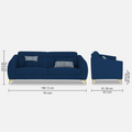 Adorn India Premium Luster Plus 3 Seater Sofa | Velvet Suede Fabric | 3-Year Warranty | Color Blue with Golden Legs & Striped Pattern Cushion