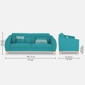 Adorn India Premium Luster Plus 3 Seater Sofa | Velvet Suede Fabric | 3-Year Warranty | Color Aqua Blue with Golden Legs & Striped Pattern Cushion