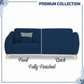 Adorn India Premium Luster Plus 3-2-1 Sofa Set | Velvet Suede Fabric | 3-Year Warranty | Color Blue with Golden Legs & Striped Pattern Cushion