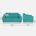 Adorn India Premium Luster Plus 2 Seater Sofa | Velvet Suede Fabric | 3-Year Warranty | Color Aqua Blue with Golden Legs & Striped Pattern Cushion