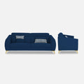 Premium Luster Plus 3 Seater Sofa | Velvet Suede Fabric | 3-Year Warranty | Color Blue with Golden Legs & Striped Pattern Cushion