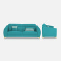 Premium Luster Plus 3 Seater Sofa | Velvet Suede Fabric | 3-Year Warranty | Color Aqua Blue with Golden Legs & Striped Pattern Cushion