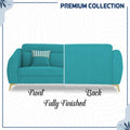 Adorn India Premium Luster Plus 3-2-1 Sofa Set | Velvet Suede Fabric | 3-Year Warranty | Color Aqua Blue with Golden Legs & Striped Pattern Cushion