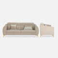 Adorn India Premium Luster Plus 3 Seater Sofa | Velvet Suede Fabric | 3-Year Warranty | Color Beige with Golden Legs & Striped Pattern Cushion
