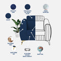 Premium Luster Plus 1 Seater Sofa | Velvet Suede Fabric | 3-Year Warranty | Color Blue with Golden Legs & Striped Pattern Cushion