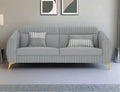 Adorn India Premium Luster Plus 3 Seater Sofa | Velvet Suede Fabric | 3-Year Warranty | Color Grey with Golden Legs & Striped Pattern Cushion