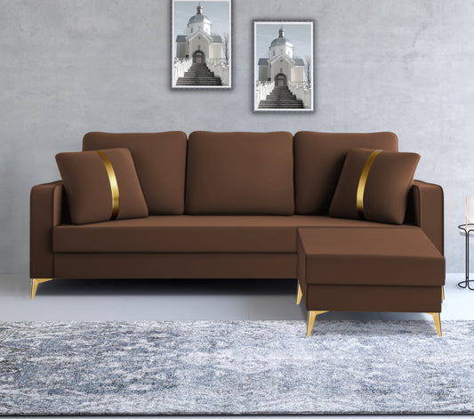 Adorn India Premium Chandler - 3 Years Warranty - L Shape 4 Seater Sofa Set Velvet Suede Fabric - Brown