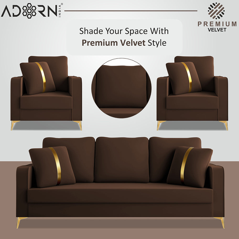 Adorn India Premium Chandler - 3 Years Warranty - 3+1+1 Sofa Set Velvet Suede Fabric - Brown