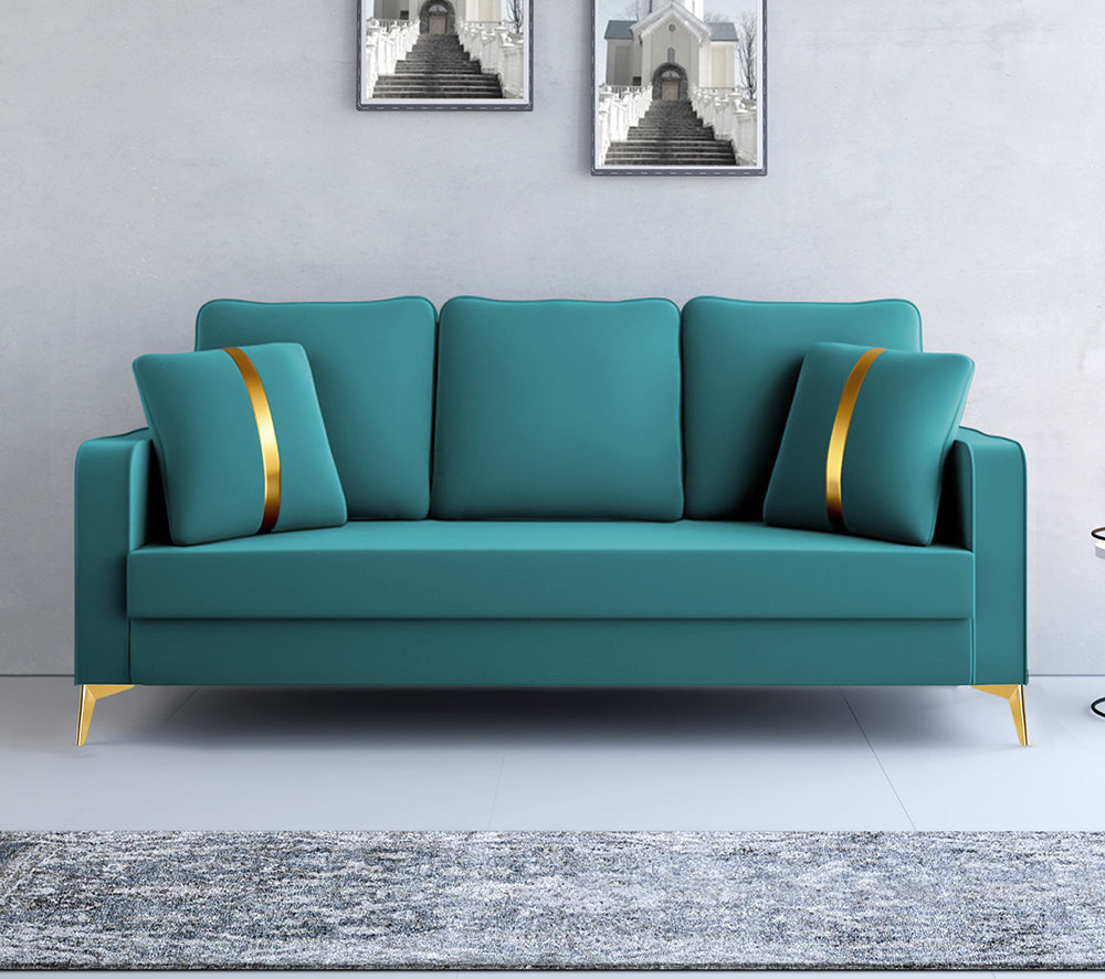 Adorn India Premium Chandler - 3 Years Warranty - 3 Seater Sofa Velvet Suede Fabric - Aqua Blue